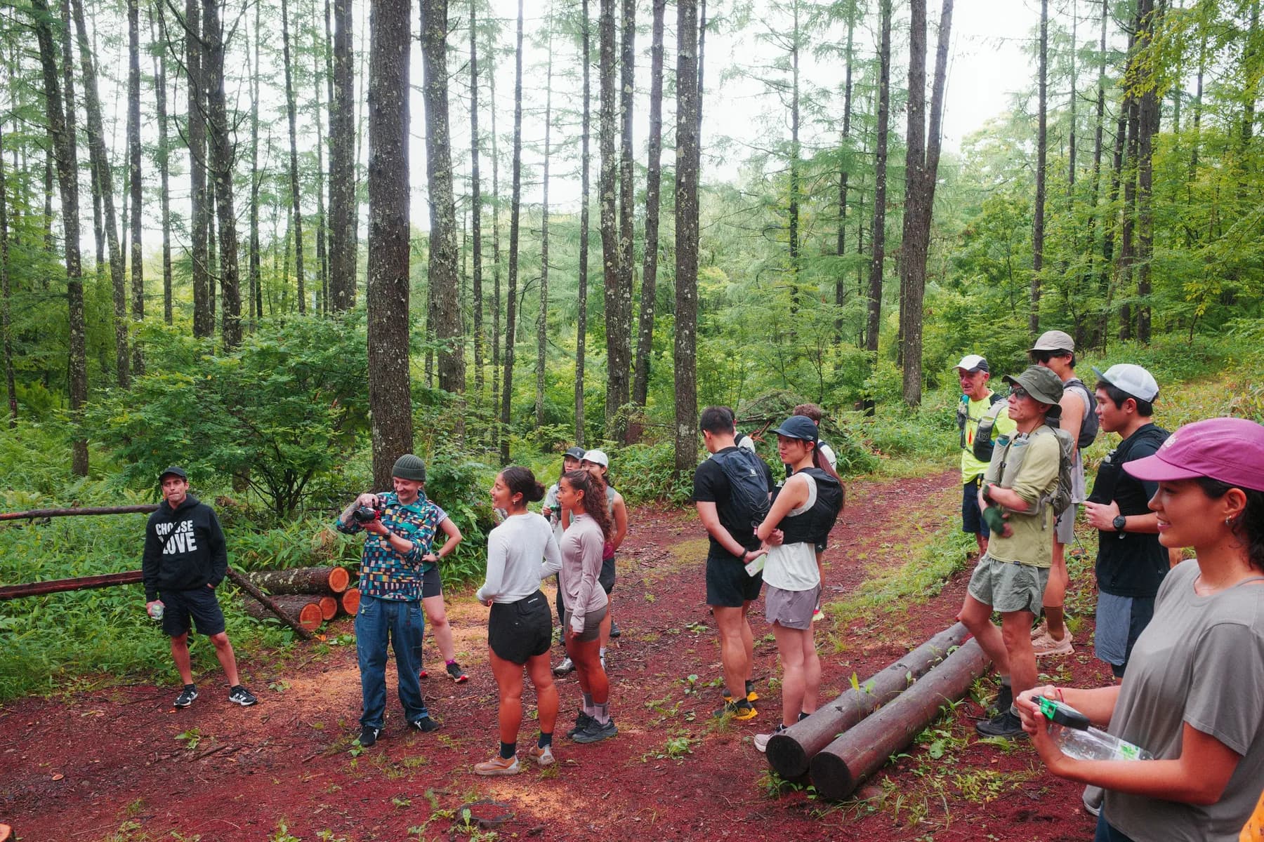 The group gathering in the forest
