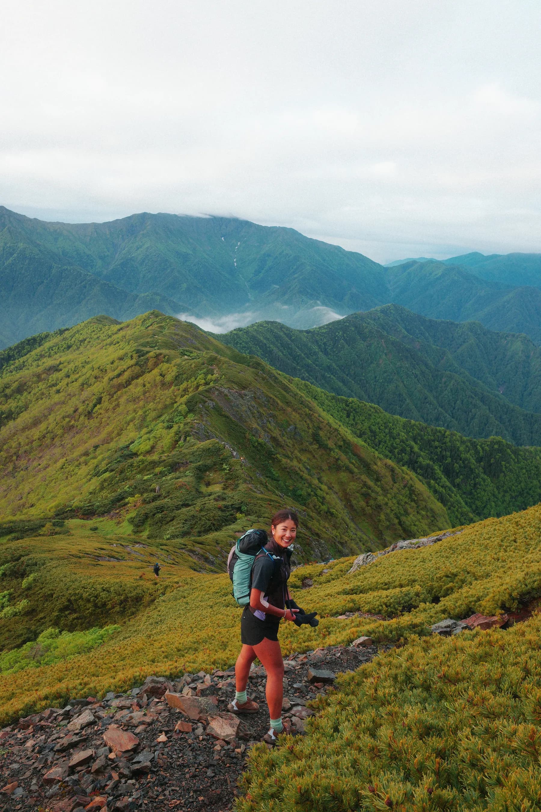 A dramatic green ridge in the Japanese Alps